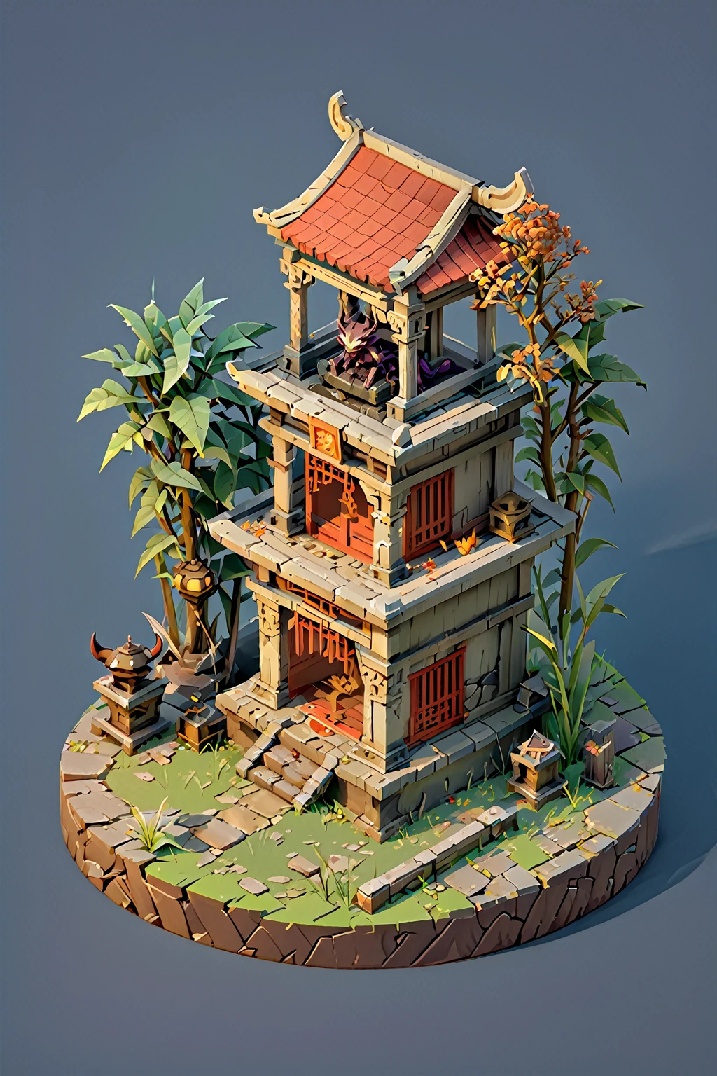 Isometric Chinese Wind Q Edition close-up of a demon and a demon figurine, Circular altar, Isometric Game assets, Game Assets Mystery, Game Render, War-torn environments, polycount Contest winners, Ancient weeds! Ruins, isometric game art