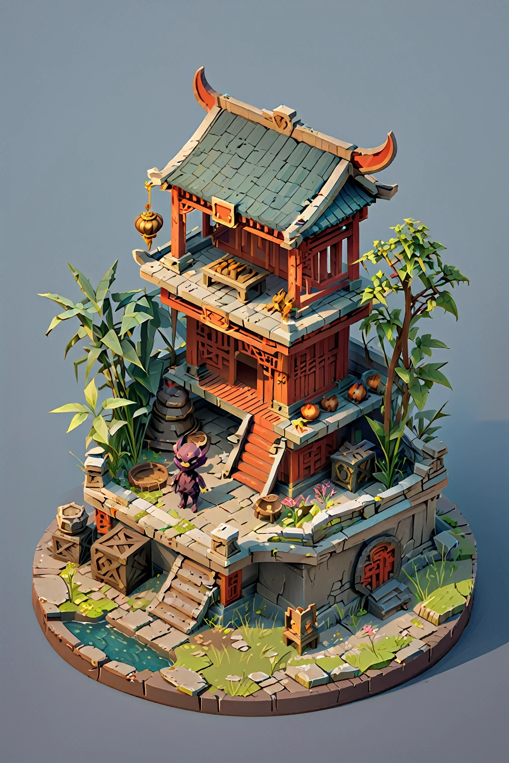 Isometric Chinese Wind Q Edition close-up of a demon and a demon figurine, Circular altar, Isometric Game assets, Game Assets Mystery, Game Render, War-torn environments, polycount Contest winners, Ancient weeds! Ruins, isometric game art