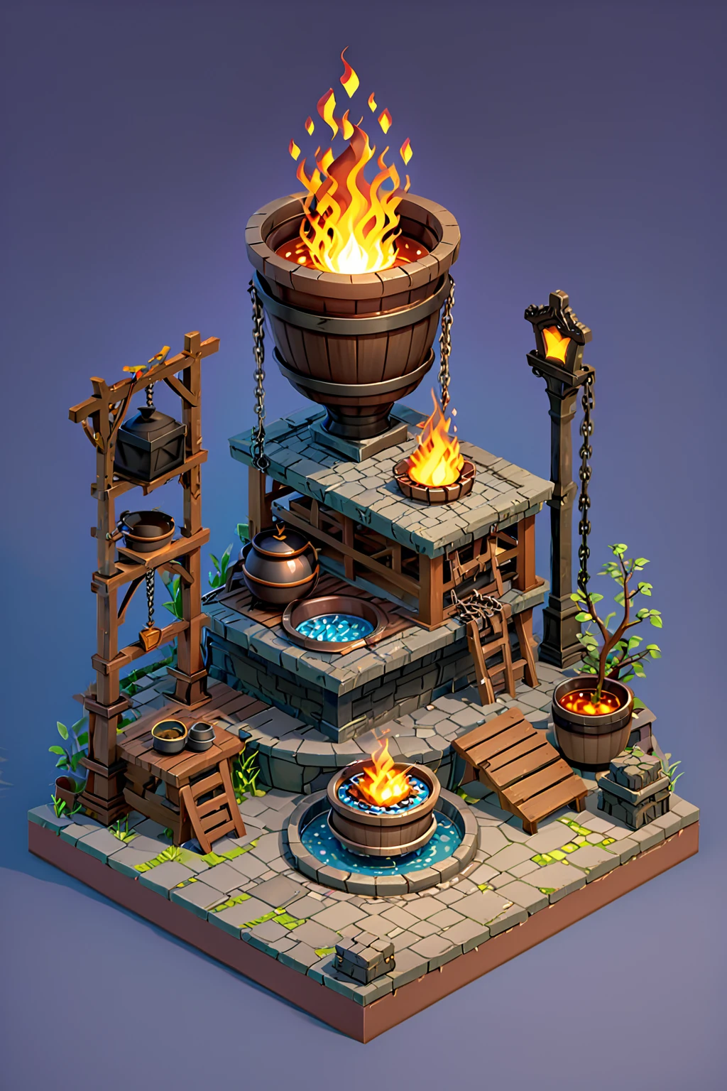 a close up of a fire pit with pots and a chain, iron smelting pits, sacrificial altar, ingame image, cauldrons, immortality fountain, bubbling cauldron, game asset occult, holy flame crown spell, game icon asset, isometric game asset, magical cauldron, bubbling cauldron!, unknown, game asset