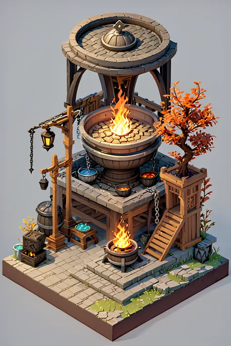 a close up of a fire pit with pots and a chain, iron smelting pits, sacrificial altar, ingame image, cauldrons, immortality foun...