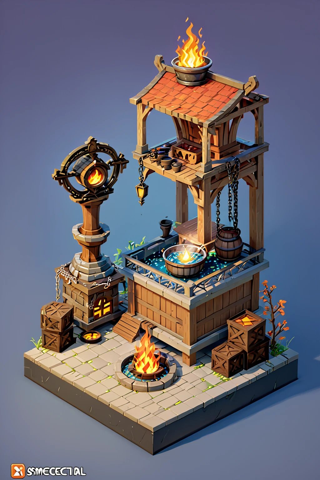 a close up of a fire pit with pots and a chain, iron smelting pits, sacrificial altar, ingame image, cauldrons, immortality fountain, bubbling cauldron, game asset occult, holy flame crown spell, game icon asset, isometric game asset, magical cauldron, bubbling cauldron!, unknown, game asset