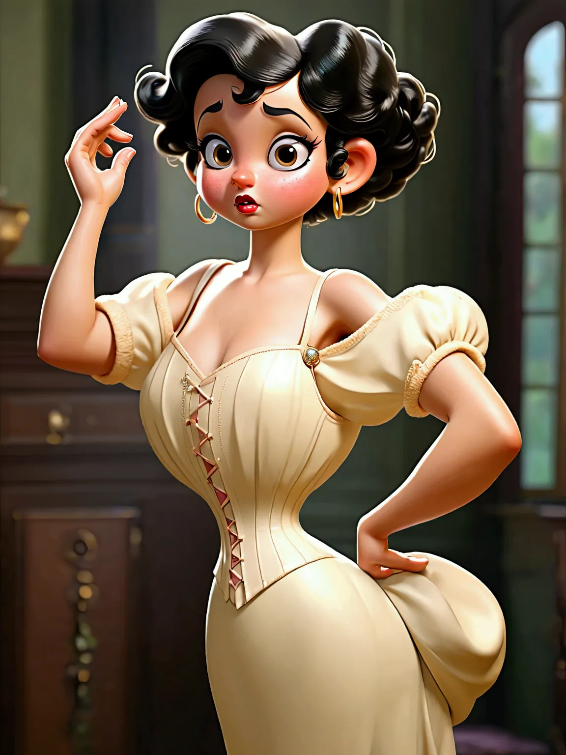 (masterpiece), (realistic), (((nsfw))). (ultra hd 8k), (realistic body proportions). betty boop as a 14yo teenage gibson girl we...