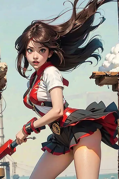 highest quality, high range, anime style, adult woman posing bravely, sculptural body, model, hair blowing in the wind