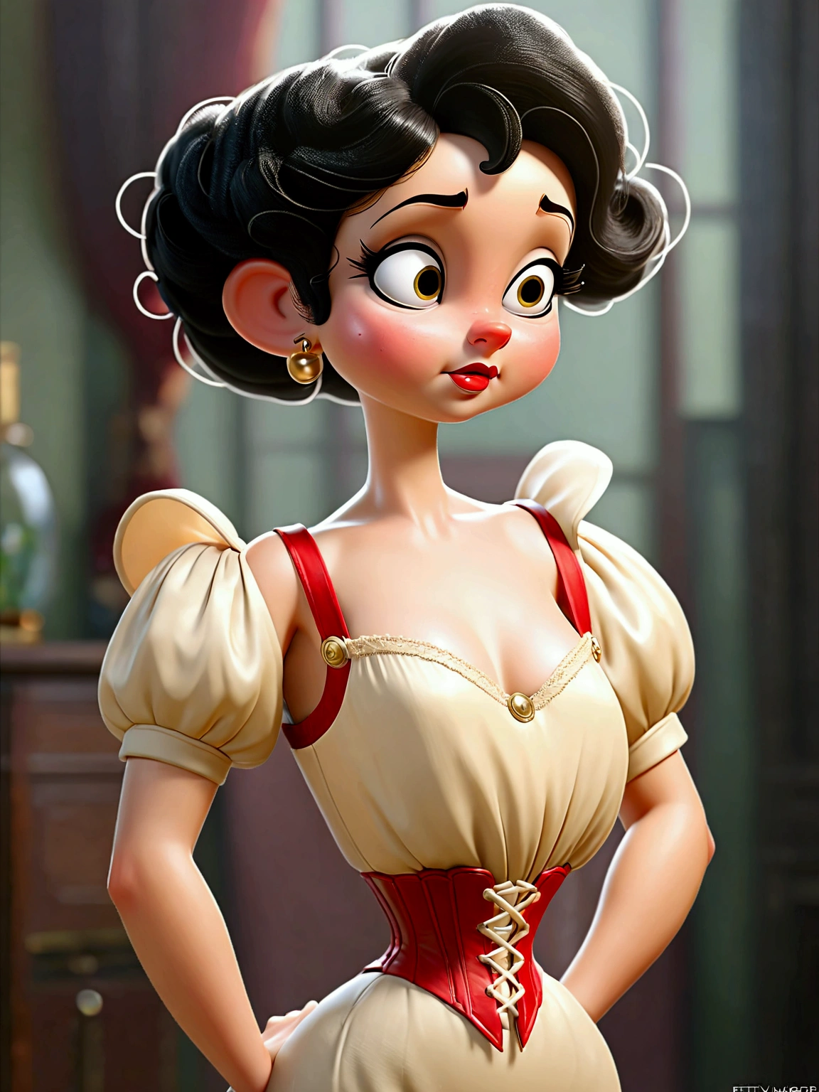 (masterpiece), (realistic), (((NSFW))). (ultra hd 8k), (realistic body proportions). Betty Boop as a 14yo teenage Gibson Girl wearing her Edwardian lingerie. Year 1906. Strapless bullet brassiere, strapless S-bend corset, high-waisted crotchless bloomers, silk stockings with garters at the tops, high-button boots. Long brunette updo. Large tits, 9-inch wasp waist, bubble butt. (((Bare arms. Full body))). Sexy pose. Before sexual tryst.