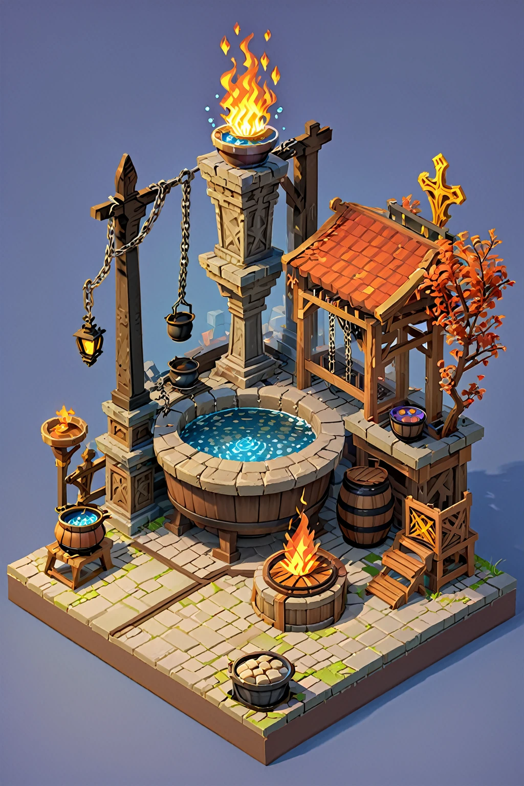 a close up of a fire pit with pots and a chain, iron smelting pits, sacrificial altar, ingame image, cauldrons, immortality fountain, bubbling cauldron, game asset occult, holy flame crown spell, game icon asset, isometric game asset, magical cauldron, bubbling cauldron!, unknown, game asset