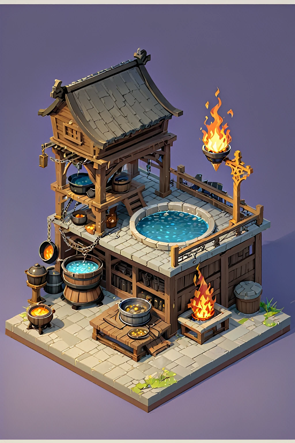 a close up of a fire pit with pots and a chain, iron smelting pits, sacrificial altar, ingame image, cauldrons, immortality fountain, bubbling cauldron, game asset occult, holy flame crown spell, game icon asset, isometric game asset, magical cauldron, bubbling cauldron!, unknown, game asset