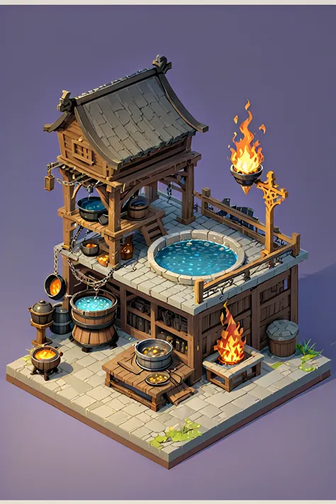 a close up of a fire pit with pots and a chain, iron smelting pits, sacrificial altar, ingame image, cauldrons, immortality foun...