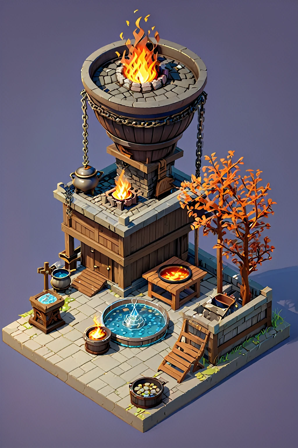 a close up of a fire pit with pots and a chain, iron smelting pits, sacrificial altar, ingame image, cauldrons, immortality fountain, bubbling cauldron, game asset occult, holy flame crown spell, game icon asset, isometric game asset, magical cauldron, bubbling cauldron!, unknown, game asset