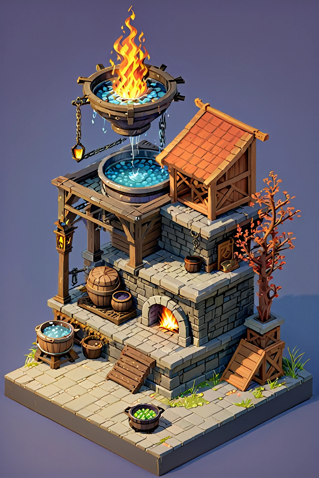 a close up of a fire pit with pots and a chain, iron smelting pits, sacrificial altar, ingame image, cauldrons, immortality fountain, bubbling cauldron, game asset occult, holy flame crown spell, game icon asset, isometric game asset, magical cauldron, bubbling cauldron!, unknown, game asset