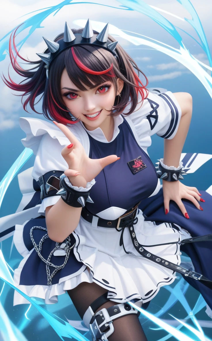 {Anime girl with striking short dark hair, with vibrant red highlights, styled with sharp, jagged edges and adorned with a spiked headband that adds a rebellious touch:0.9}, {She’s wearing a modern, edgy maid outfit in black and white, featuring sharp metallic accents, such as spikes on her wristbands and belt, and a form-fitting design that emphasizes her confident and assertive personality:0.8}, [The setting is an abstract, vibrant backdrop filled with neon-colored symbols, including electric waves, swirling patterns, and cute, ghostly creatures, which float around her, enhancing the supernatural and lively vibe of the scene:0.7], {The artwork is rendered in a dynamic, high-energy anime style, with a focus on her mischievous expression, highlighted by her red eyes and confident smirk, capturing a sense of playful yet dangerous charm:0.9}, {The color scheme is dominated by bold contrasts of black, white, and electric blues and pinks, creating a visually striking and intense atmosphere, perfect for conveying the character's mix of traditional and futuristic elements:0.8}