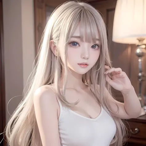 silver shiny hair、super long straight silky hair、dazzling blonde, super long, silky hair、 cute and slightly pretty face、beautifu...