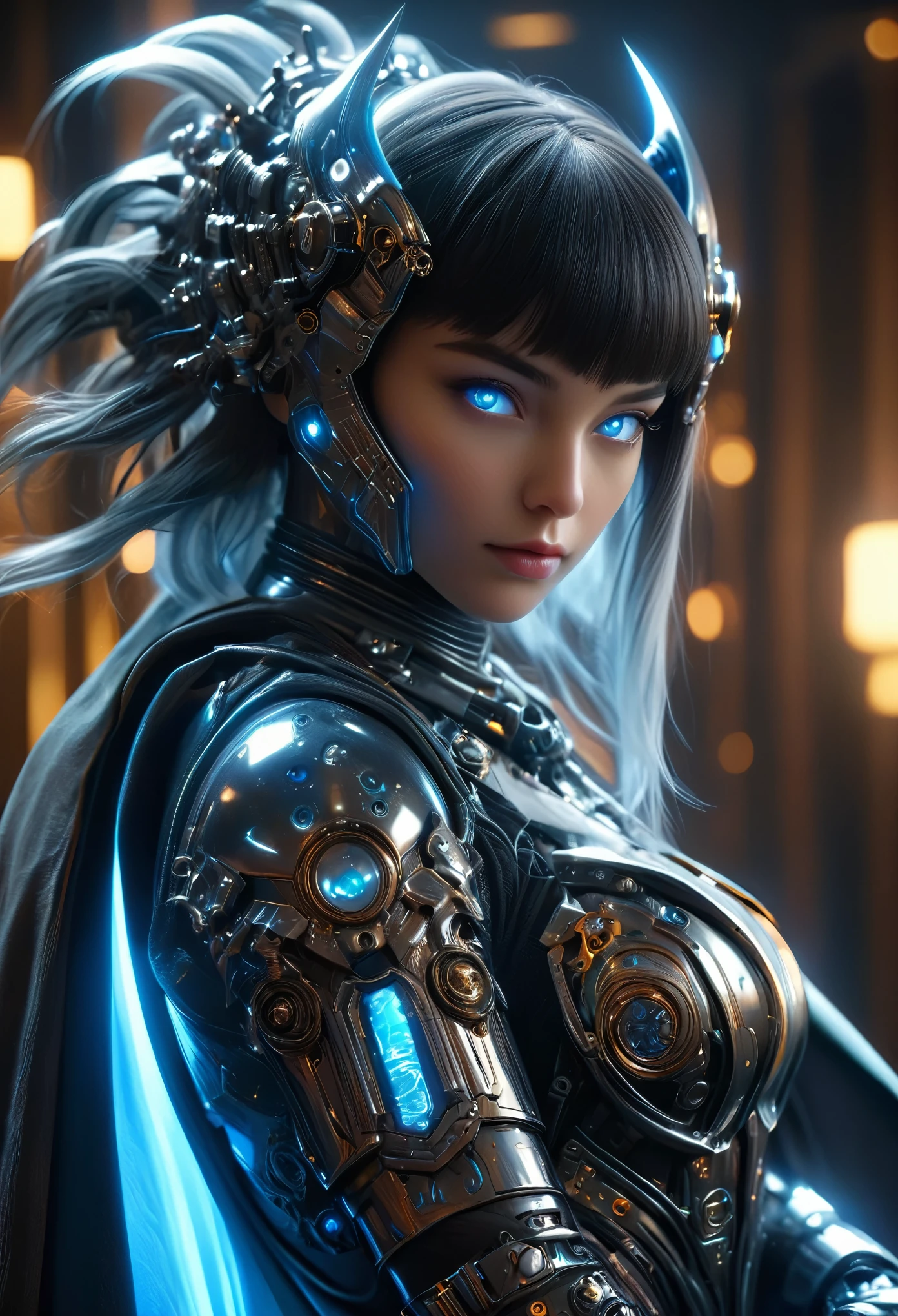 (Best Quality, 4K, 8K, High Resolution, Masterpiece: 1.2), (Super Detailed, Realistic, Photorealistic:1.37), A woman in futuristic clothing, (erotic and sexy:1.4), Trending on cgstation, Trending on cgstation, (Portrait of a girl in the Knights of the Zodiac:1.4), (blunt bangs:1.7), Cute Cyborg Girl, Perfect android girl, Portrait Astronaut Girl, Beautiful girl cyborg, Girl wearing black pale blue iridescent mechanical cyber armor, Game CG, cgsociety and fenghua zhong, Beautiful Cyborg Shrine Maiden, Bioluminescence, (Gal Gadot:0.6), Anatomically correct grip, Anatomically correct four fingers and one thumb, (long claws:1.4), erotic and sexy, A gorgeous cape with beautifully detailed embroidery, energy ball