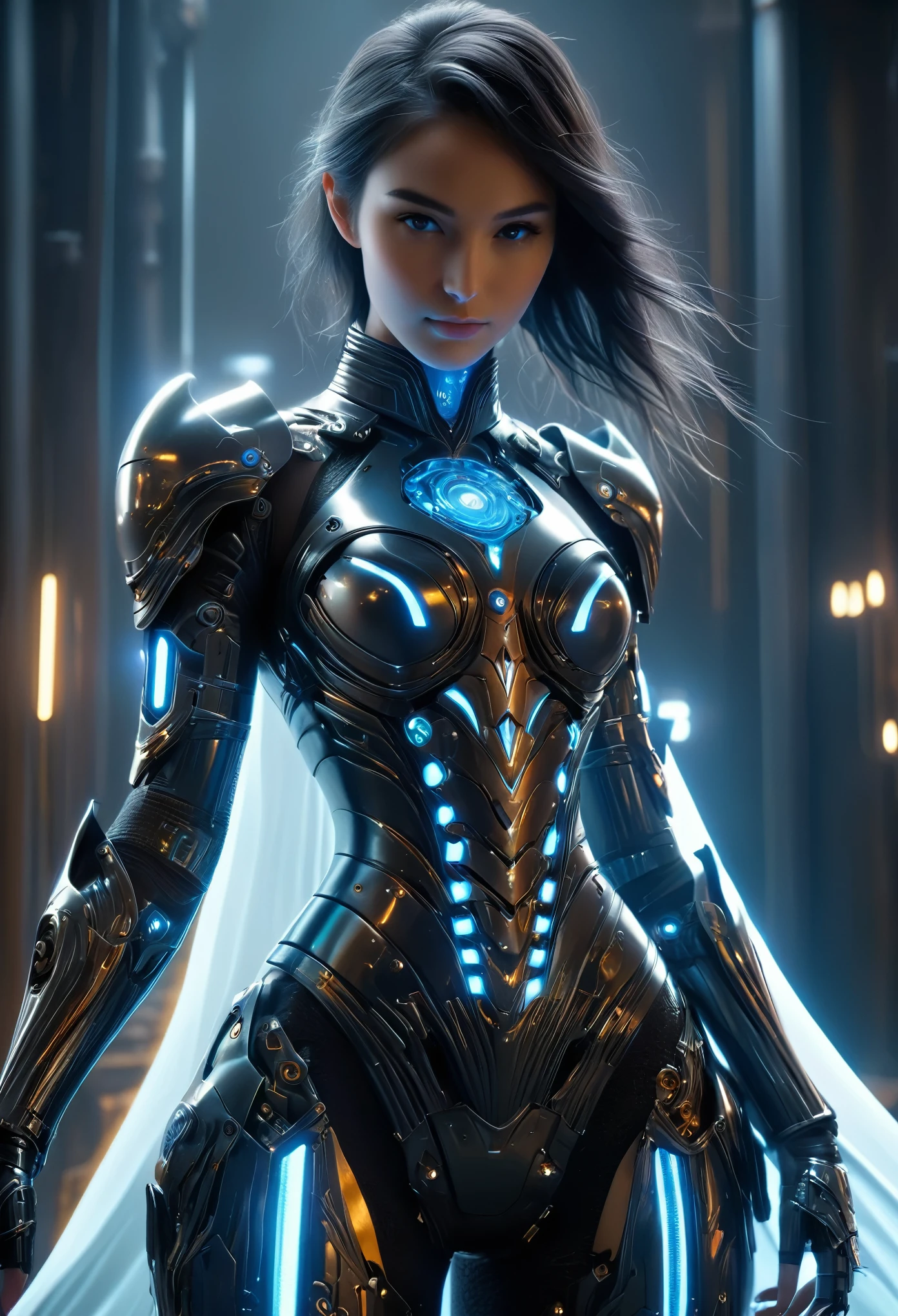 (Best Quality, 4K, 8K, High Resolution, Masterpiece: 1.2), (Super Detailed, Realistic, Photorealistic:1.37), A woman in futuristic clothing, (erotic and sexy:1.4), Trending on cgstation, Trending on cgstation, (Portrait of a girl in the Knights of the Zodiac:1.4), (blunt bangs:1.7), Cute Cyborg Girl, Perfect android girl, Portrait Astronaut Girl, Beautiful girl cyborg, Girl wearing black pale blue iridescent mechanical cyber armor, Game CG, cgsociety and fenghua zhong, Beautiful Cyborg Shrine Maiden, Bioluminescence, (Gal Gadot:0.6), Anatomically correct grip, Anatomically correct four fingers and one thumb, (long claws:1.4), erotic and sexy, A gorgeous cape with beautifully detailed embroidery, energy ball