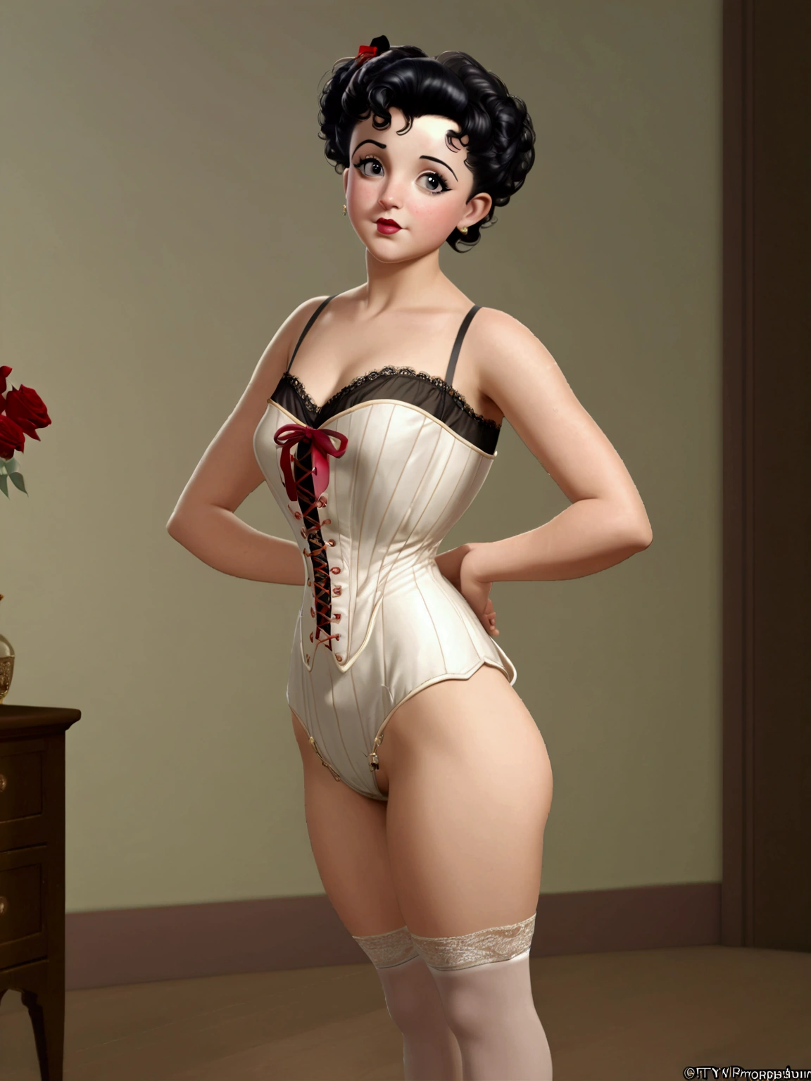 (masterpiece), (realistic), (((NSFW))). (ultra hd 8k), (realistic body proportions). Betty Boop as a 14yo teenage Gibson Girl wearing her Edwardian lingerie. Year 1906. Strapless bullet brassiere, strapless S-bend corset, high-waisted crotchless bloomers, silk stockings with garters at the tops, high-button boots. Long brunette updo. Large tits, 9-inch wasp waist, bubble butt. (((Bare arms. Full body))). Sexy pose. Before sexual tryst.