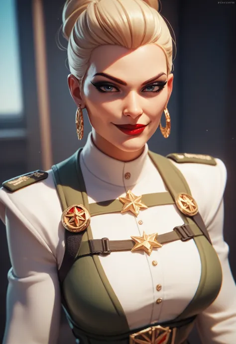 (masterpiece) (best quality) (detailed face) (8k) (sharp focus), 1 military woman, aged woman, wide smirk, red lipstick, badass ...