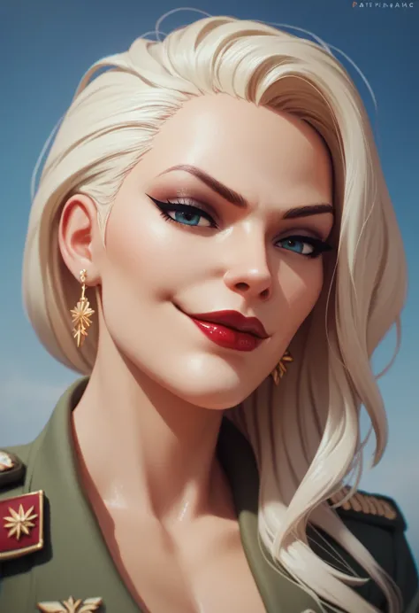 (masterpiece) (best quality) (detailed face) (8k) (sharp focus), 1 military woman, aged woman, wide smirk, red lipstick, badass ...