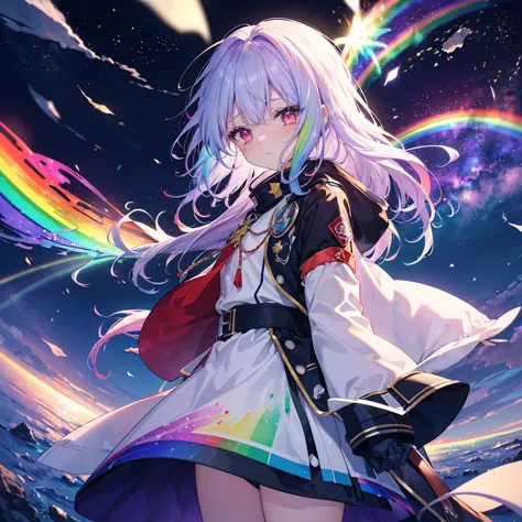 ((fantasy　rainbow hair　髪の内側をrainbow colorsに染める　long hair　dull red eyes,center close-up　has a galaxy　uniform　put on a coat withou...