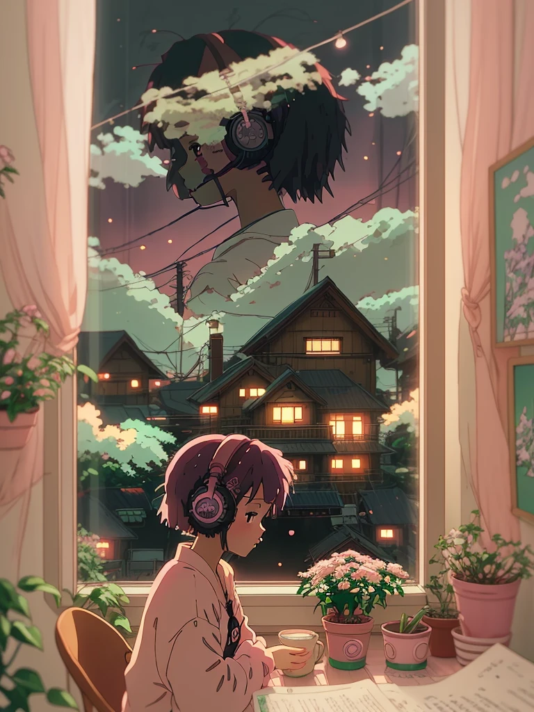 Anime style, (dreamlikeart), (soft focus), cozy room setting, girl with headphones, [(Lofi beats:1.3)|ambient music], (anime art), [(cherry blossoms|bookshelf:0.5)], [reflective surface:0.8], [(pastel colors:1.2)|subdued tones], [(attention to details:1.1)], [illustration:0.7], [(Studio Ghibli style:1.4)], (anime character design), [window light], [(subtle shadows:0.9)], [(subdued atmosphere:1.2)|calm ambiance], [(trending on Pixiv:1.2)], [(anime community approved:1.1)], [(Anime Expo:1.3)], [ethereal glow], [(focus on eyes:1.1)], [(character illustration:0.8)], [(soft artstyle)], [(nostalgic feeling:1.2)], [(character sitting:0.7)], [(artistic details:1.1)], [(melancholic mood:1.3)], [(attention to clothing details:1.2)], [(hair flow:1.1)], [(unique headphones design:1.2)], [(vivid background elements:1.1)], [(anime genre:lofi:1.4)], [(trending on DeviantArt:1.1)], [(inspired by Makoto Shinkai:1.2)], [(cyberpunk infusion:0.9)], [(rainy day vibe:1.2)], [(subtle bokeh:1.1)], [(anime girl pose:0.9)], [(artistic expression:1.2)], [(harmony in color palette:1.1)], [(wistful mood:1.2)], [(detailed room decor:1.1)], [(trending on ArtStation:1.1)], [(illustration challenge entry:1.3)] , 1girl