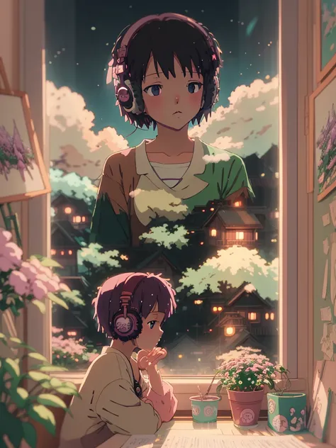 anime style, (dreamlikeart), (soft focus), cozy room setting, girl with headphones, [(lofi beats:1.3)|ambient music], (anime art...