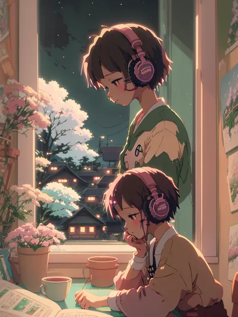 anime style, (dreamlikeart), (soft focus), cozy room setting, girl with headphones, [(lofi beats:1.3)|ambient music], (anime art...