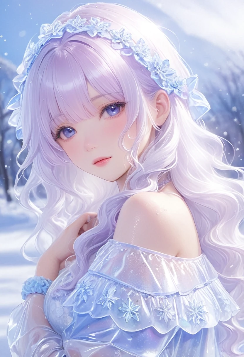 1girl,(Snow,Ice),snowflower,In winter,White hair,Shiny hair,Wavy hair,Transparent clothes,frilld,Lace,Wet clothes,Off_Shoulder,hair scrunchie,Masterpiece,Telephoto lens,absurderes,Exquisite facial features,