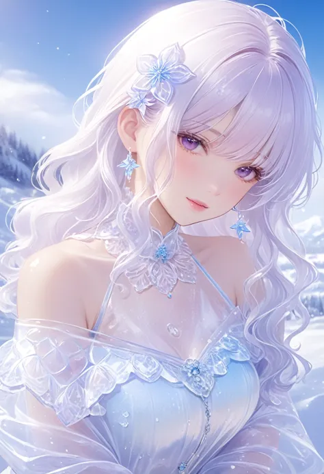 1girl,(snow,ice),snowflower,in winter,white hair,shiny hair,wavy hair,transparent clothes,frilld,lace,wet clothes,off_shoulder,h...