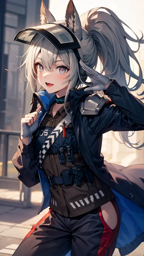 cowboy shot,grani_arknights,1girl,animal ears,twinkle smile,open mouth,gray hair,ponytail,(helmets:1.3),jacket,pants,(side slits...