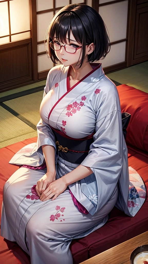 Mature Woman、grandmother、yukata、Breakdown、sitting、Looking up、Saggy breasts、Chubby、No underwear、Glasses、Black Hair、Short Hair、love、Living room at night、evening drink、Japanese sake