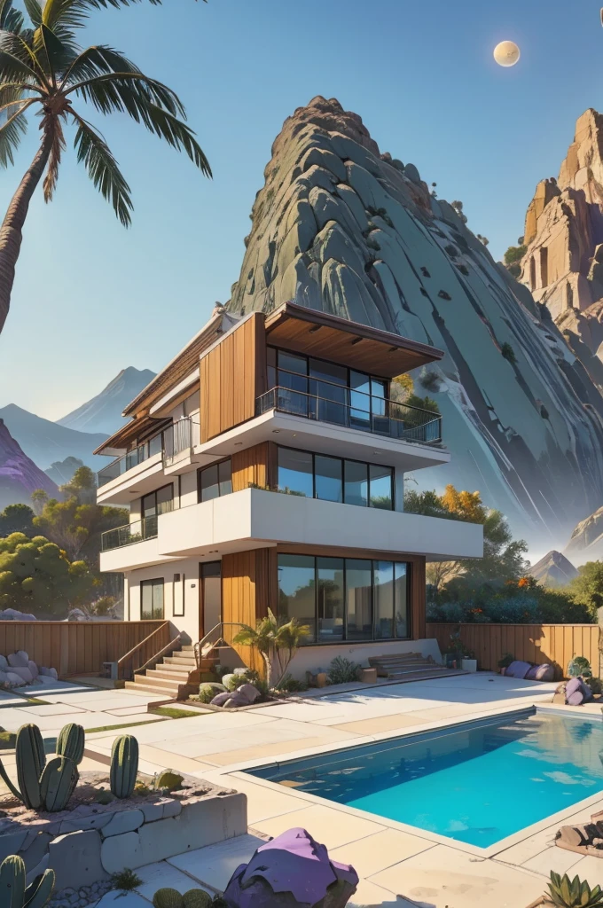 small and beautiful modern house in top of big boulders, terraces, pool, stairs, multiple cacti gardens, palms, trees, rocks, beautiful landscape design, mountains and volcano y background, amazing clouds, sun, moon, planets, milky way galaxy, concrete, wood, glass and steel materials, olive green, violet, orange and withe colors in facade