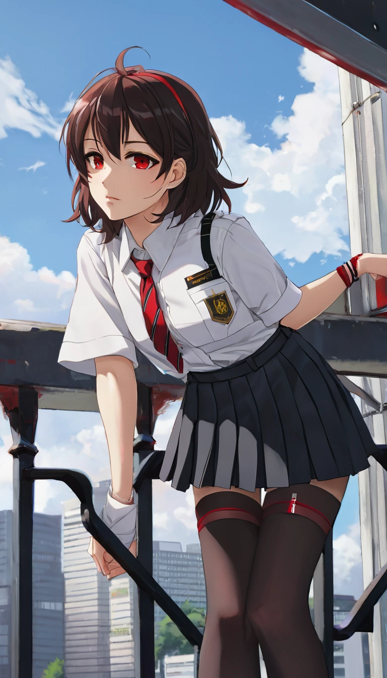 {Anime girl with short, dark brown hair with red streaks, styled in a casual yet slightly messy fashion. She has red eyes and a laid-back, slightly bored expression, leaning on a metal railing:0.9}, {She’s dressed in a white school uniform shirt with rolled-up sleeves, a loosened red tie, and a black pleated skirt. Her outfit gives off a relaxed and rebellious vibe, emphasized by her wristband and black choker necklace:0.8}, [The setting is an urban cityscape, featuring a blue sky filled with fluffy clouds. She’s standing on a high platform, surrounded by industrial structures and electric wires. A playful shark-themed backpack hangs by her side, adding a fun and quirky element to the scene:0.7], {The artwork style is modern anime with a focus on subtle details and textures, capturing a calm and reflective mood. The color palette is soft yet vibrant, combining cool blues and greys with striking reds and blacks to create contrast:0.9}, {The overall composition evokes a sense of quiet rebellion and youthful contemplation, blending everyday school life with a touch of urban fantasy:0.8}