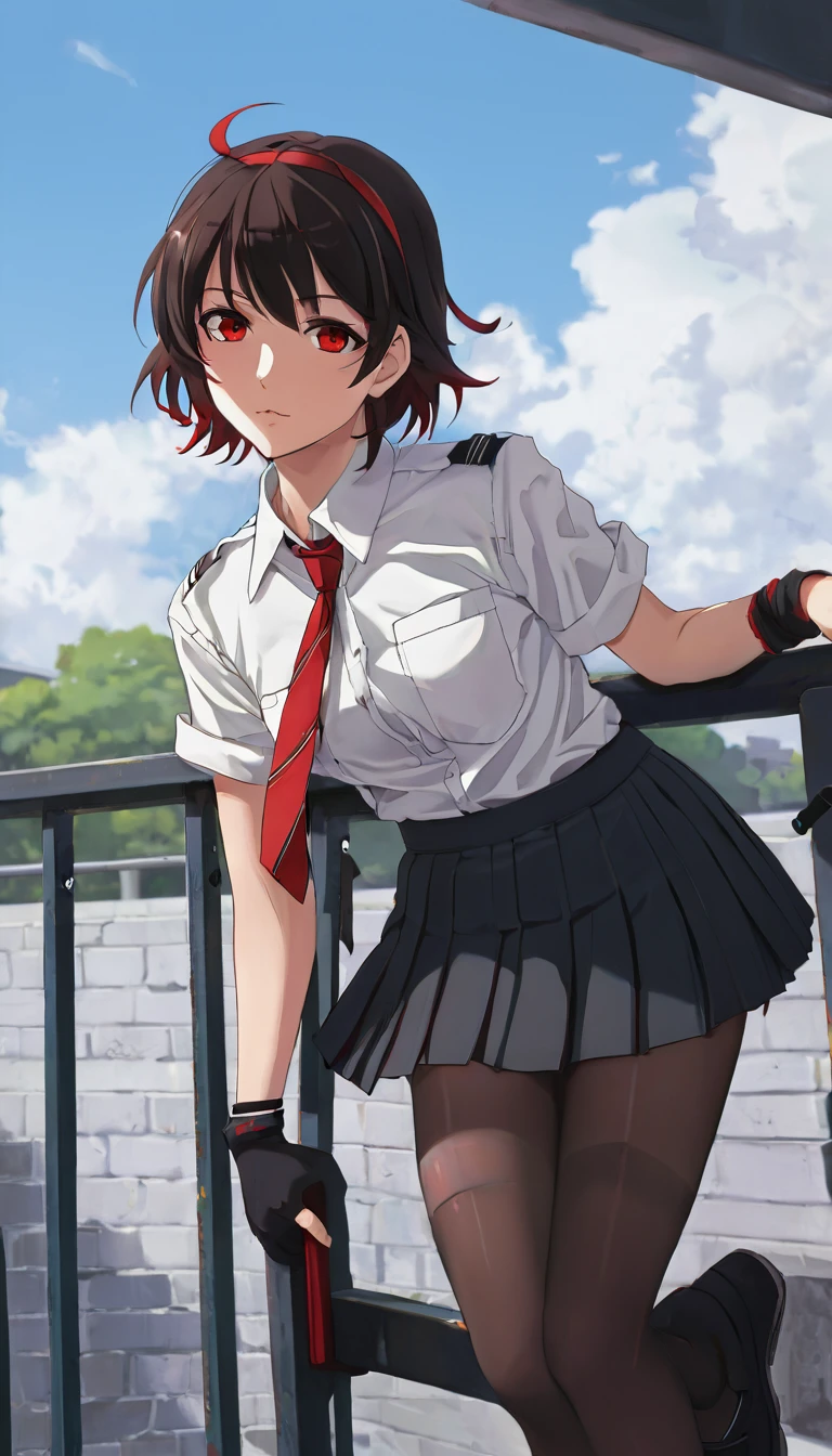 {Anime girl with short, dark brown hair with red streaks, styled in a casual yet slightly messy fashion. She has red eyes and a laid-back, slightly bored expression, leaning on a metal railing:0.9}, {She’s dressed in a white school uniform shirt with rolled-up sleeves, a loosened red tie, and a black pleated skirt. Her outfit gives off a relaxed and rebellious vibe, emphasized by her wristband and black choker necklace:0.8}, [The setting is an urban cityscape, featuring a blue sky filled with fluffy clouds. She’s standing on a high platform, surrounded by industrial structures and electric wires. A playful shark-themed backpack hangs by her side, adding a fun and quirky element to the scene:0.7], {The artwork style is modern anime with a focus on subtle details and textures, capturing a calm and reflective mood. The color palette is soft yet vibrant, combining cool blues and greys with striking reds and blacks to create contrast:0.9}, {The overall composition evokes a sense of quiet rebellion and youthful contemplation, blending everyday school life with a touch of urban fantasy:0.8}