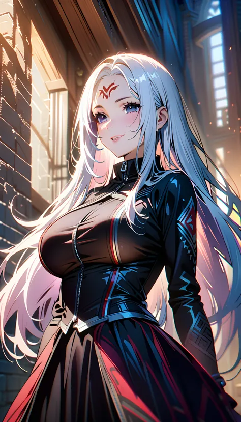 1girl,(Very long white hair),(empty black eyes),(red cheeks),(cute smile),(Dragon mark on her forehead),(black clothes),(big bre...