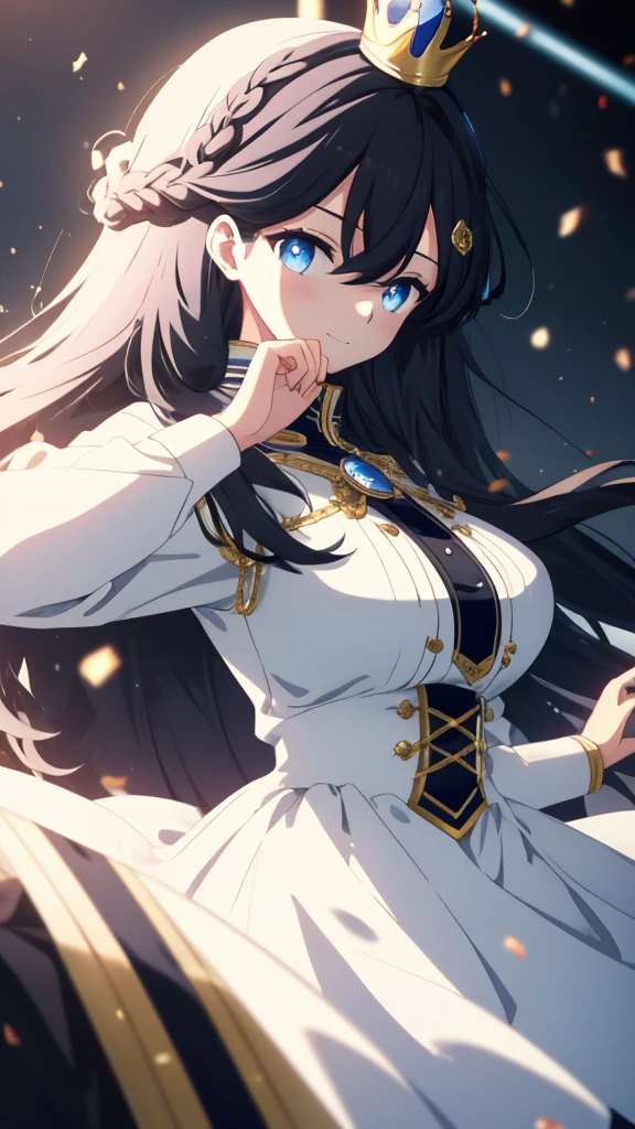 best quality, extremely detailed,anime style 1girl,long hair down to the waist, straight hair, ((((dark black hair with bluish)))),((crown braid)),beautiful detailed eyes, pinched eyes, (dark blue eyes),((huge breasts)),curvy,((((white princess dress)))),flare skirt,((((black coat)))),Fine decoration,clothing with complex patterns,((((magical classroom)))),((Detailed background)),((Comfortable posture)),((dynamic pose)),smile