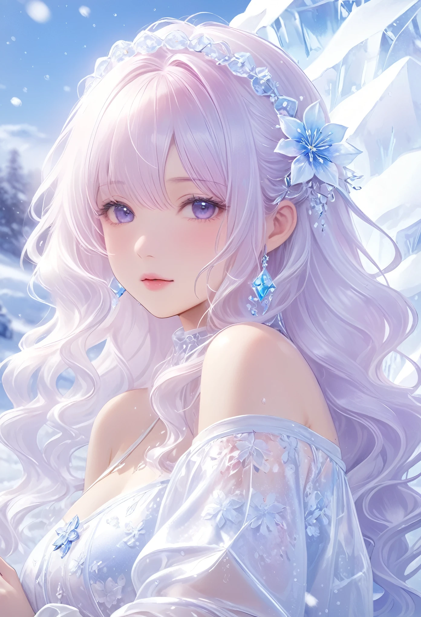 1girl,(Snow,Ice),snowflower,In winter,White hair,Shiny hair,Wavy hair,Transparent clothes,frilld,Lace,Wet clothes,Off_Shoulder,hair scrunchie,Masterpiece,Telephoto lens,absurderes,Exquisite facial features,