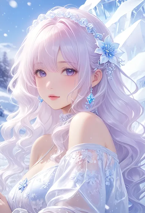 1girl,(snow,ice),snowflower,in winter,white hair,shiny hair,wavy hair,transparent clothes,frilld,lace,wet clothes,off_shoulder,h...