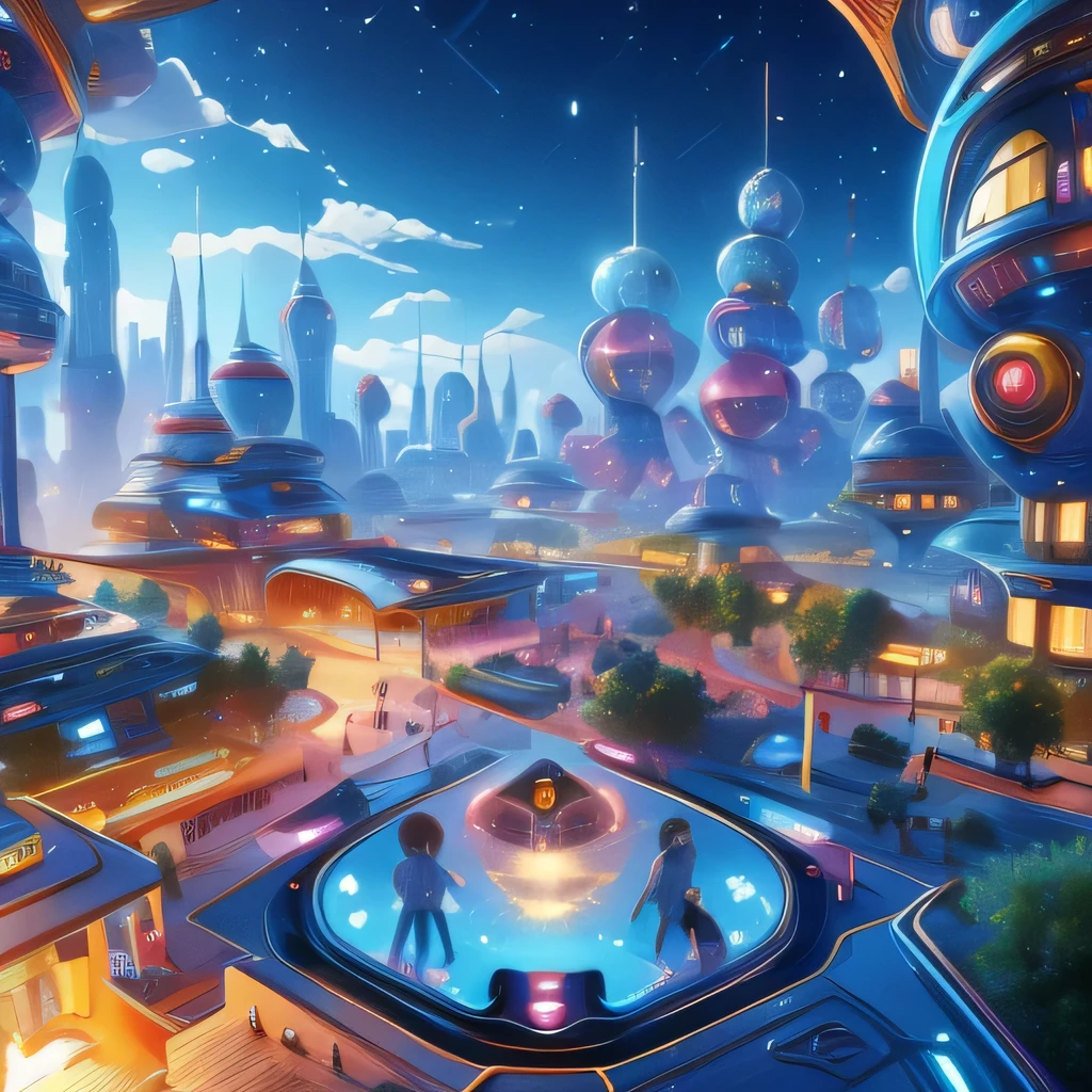 Child-friendly future city design，Ultra wide angle，Technology，Futuristic，There are children playing.，Playfulness，Children's style，Disney style