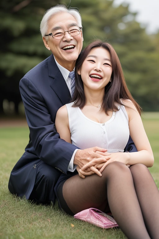 70 years old korean man and 20 years old korean girl couple, {A korean girl squatting on the ground, strikingly beautiful, delicate facial features, porcelain skin, expressive eyes, red lips, big breasts, perfect anatomy、20 years old、look at the camera、medium long hair、Plaid vest、((sit on the grass and eat lunch:1.0))、(super realistic pantyhose:1.2), (high heels)}、from front, (70 years old korean man business suit), (((((70 years old man hugging on young girls's chest and laughing))))),