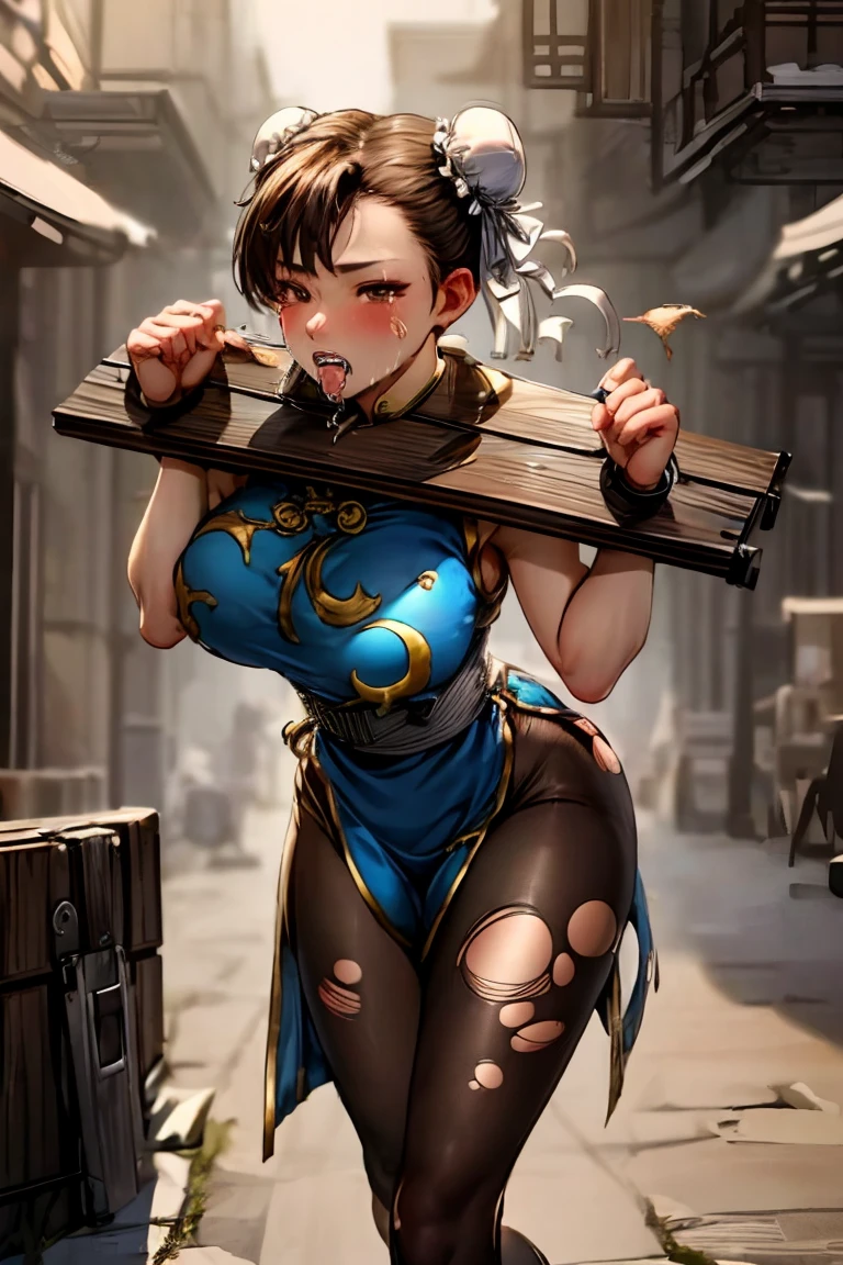 alone, masterpiece, Highest quality, Very detailed, 8k, Browsing Caution, Goa, Violence, surface scattering, (Pillory:1.4),Leaning forward, break, Chunli, To SF2, Hair Bun, Pan with lid, China dress, Chai Pao, Blue clothes, Puff sleeves, Brown pantyhose, White Belt, (Torn:1.4),Drooling, Cinema Lighting, Helpless, Grit your teeth,