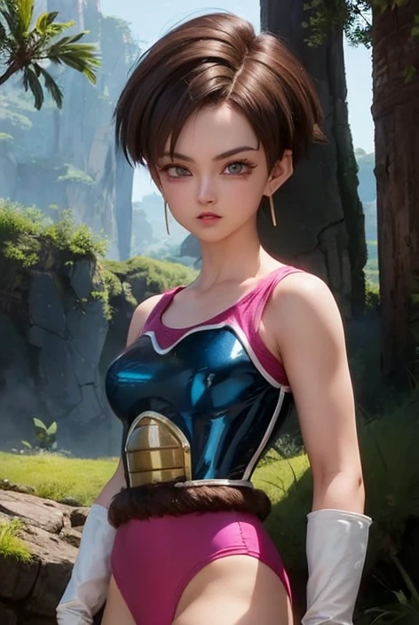 (fasha), 1girl, solo, blue eyes, brown hair, short hair, spiked hair, earrings, (monkey tail),, ((saiyan armor)), (pink leotard), white gloves, bare shoulders,