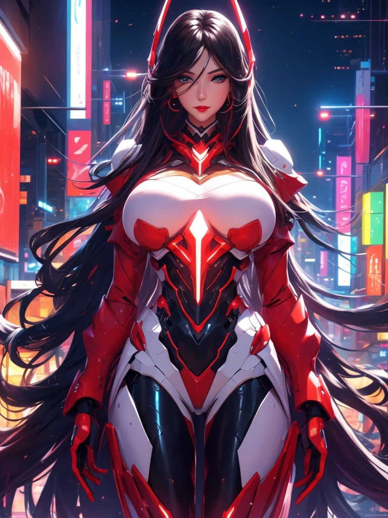 26 year old woman, beautiful face, fair skin, very long flowing black hair, blue eyes, red lips,button nose,perfect body, curvaceous body, huge breasts, slim waist, wide hips,mecha armor,modern city,night,city lights,wonderful,impressive scenery,exciting,ultra-modern,technology-driven,sleek design,dynamic,futuristic,fast-paced,majestic skyscrapers,glowing neon lights,vibrant colors,shimmering reflections,illuminated streets,glamorous,female elegance,chic attire,captivating smile,perfectly styled hair,determined gaze,high-quality,masterpiece:1.2,ultra-detailed,realistic:1.37, HDR,UHD,studio lighting,professional,vivid colors" on balcony of a tall hotel