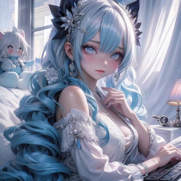 a close up of a anime cat girl streaming on the computers looking back eating a snack, anime moe artstyle, ahegao, long gray teal hair, curly hair, brown ayes, anime style 4 k, nightcore, official artwork, top rated on pixiv, anime wallaper, mikudayo, , pixiv, popular on pixiv, anime! 4 k, anime! 4k, high quality anime artstyle, white dress, white pajamas, pink bedroom, bed full of plushies, background, pink gaming chair, calm atmosphere（small young girl full body）、a baby face、Very cute、slim and beautiful、((small :1.2))、The eyes are well drawn、charming eyes、double tail、Wear jewelry and pearls around your neck，Transparent openwork、Deep V、crystal pearl、在Wear jewelry and pearls around your neck，white hair, Showing thighs, bare shoulders, showing clavicle, Yao Liu, barefoot，((whole body))、painful posture1
a close up of a woman with blue hair and a dress, seductive anime girl, blue scales covering her chest, oppai, scales covering her chest, top rated on pixiv, breasts covered and sfw, pin on anime, ahegao, anime moe artstyle, ecchi anime style, pixiv 3dcg, rem rezero, sie boob
2
a close up of a woman with blue hair and a dress, an anime drawing by Kamagurka, pixiv, tachisme, seductive anime girl, blue scales covering her chest, oppai, scales covering her chest, top rated on pixiv, breasts covered and sfw, pin on anime, ahegao, anime moe artstyle, ecchi anime style