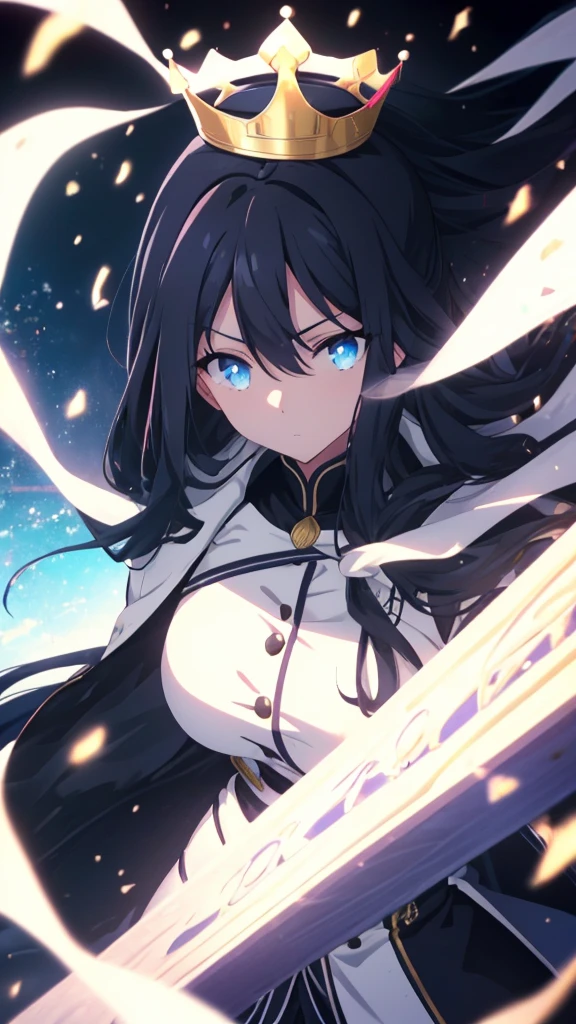 best quality, extremely detailed,anime style 1girl,long hair down to the waist, straight hair, ((((dark black hair with bluish)))),((crown braid)),beautiful detailed eyes, pinched eyes, (dark blue eyes),((huge breasts)),curvy,((((white magical uniform)))),flare skirt,((((black coat)))),Fine decoration,clothing with complex patterns,((((magical school)))),((Detailed background)),((Comfortable posture)),((((pov))))