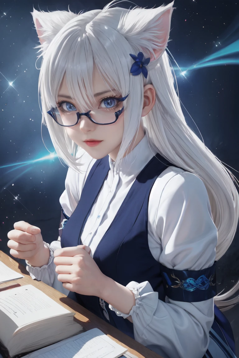 Anime Girls , 10 old, 1 Anime with white hair, Messy Hair, Cat ears, Glasses, blue eyes, Sparkling Eyes, Lighting Effects, Japanese shirt, White and blue shirt, intellectual , Library Background, Cat, Small breasts,
