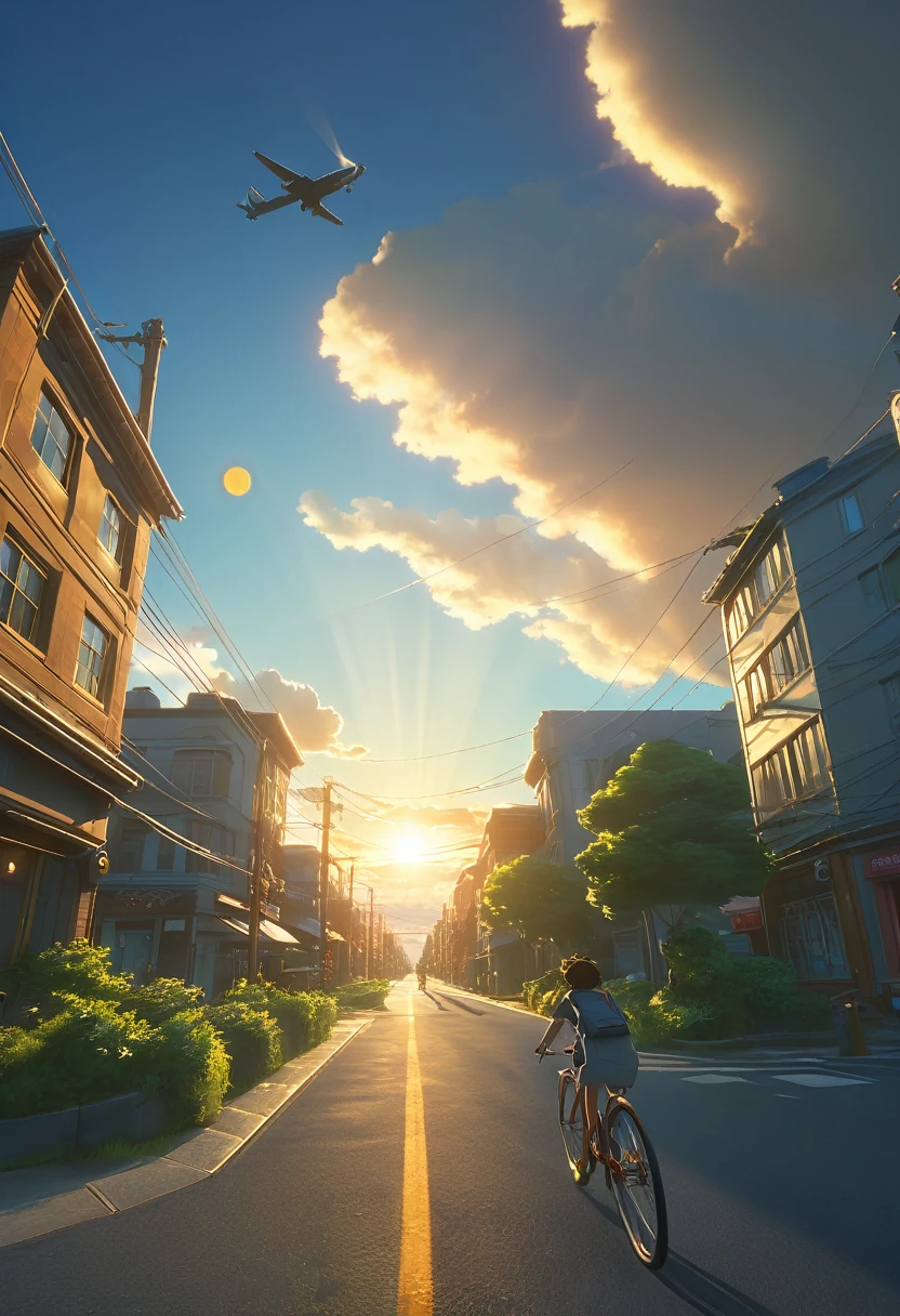 (3d:0.5,Realistic:0.5,photoRealistic:0.5),(Absurd,Super Resolution,masterpiece,Highest quality,In detail,Absurd:1.2), Dramatic Light, Dramatic lighting, Cinematic, Anime Scenery, Makoto Shinkai, Ghibli, Fantasy World, magic, Beautiful sky, cloud, building, bicycle, Airplane trajectory, bird, Dramatic Lighting, Cinematic lighting, sunset, warm sunset, Warm sun, street, Written boundary depth, Lens flare,