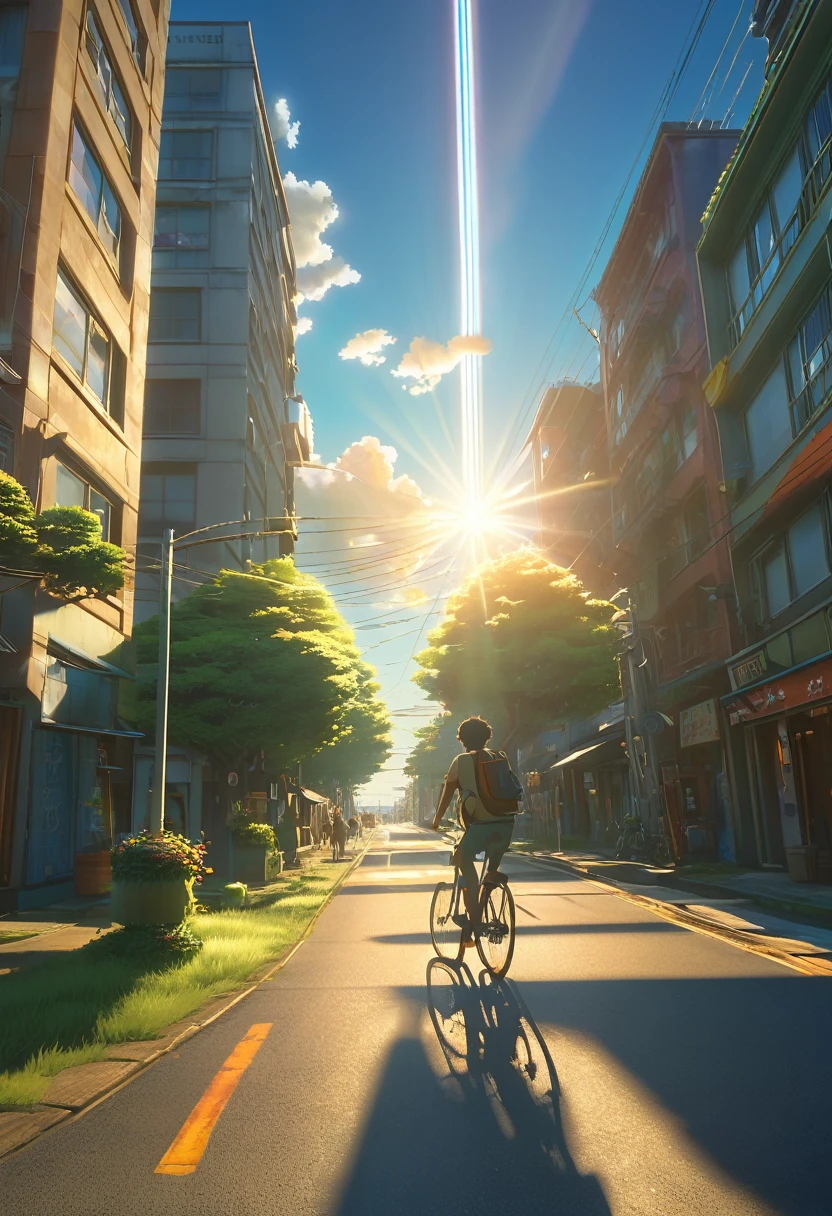 (3d:0.5,Realistic:0.5,photoRealistic:0.5),(Absurd,Super Resolution,masterpiece,Highest quality,In detail,Absurd:1.2), Dramatic Light, Dramatic lighting, Cinematic, Anime Scenery, Makoto Shinkai, Ghibli, Fantasy World, magic, Beautiful sky, cloud, building, bicycle, Airplane trajectory, bird, Dramatic Lighting, Cinematic lighting, sunset, warm sunset, Warm sun, street, Written boundary depth, Lens flare,