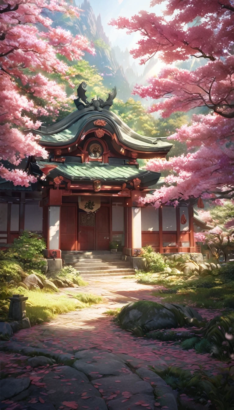 detailed jinja shrine, cheery blossom forest, white tone lighting, no character, high quality, 8k, realistic, detailed landscape, natural scenery, serene atmosphere, beautiful sakura trees, tranquil forest, sunlight filtering through leaves, detailed foliage, photorealistic render, studio lighting, vibrant colors, lush sakura, peaceful ambience, cinematic composition