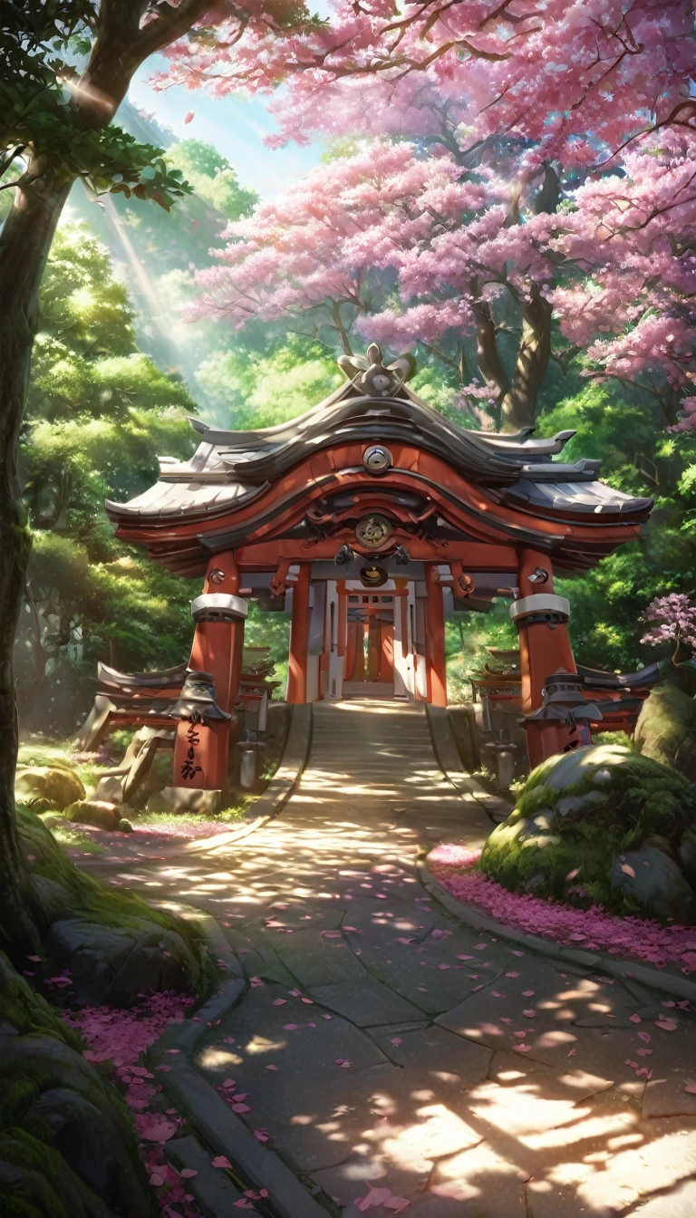 detailed jinja shrine, cheery blossom forest, white tone lighting, no character, high quality, 8k, realistic, detailed landscape, natural scenery, serene atmosphere, beautiful sakura trees, tranquil forest, sunlight filtering through leaves, detailed foliage, photorealistic render, studio lighting, vibrant colors, lush sakura, peaceful ambience, cinematic composition