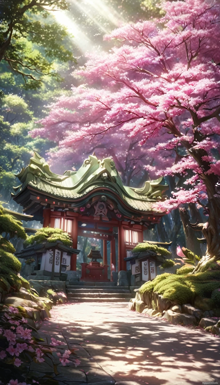 detailed jinja shrine, cheery blossom forest, white tone lighting, no character, high quality, 8k, realistic, detailed landscape, natural scenery, serene atmosphere, beautiful sakura trees, tranquil forest, sunlight filtering through leaves, detailed foliage, photorealistic render, studio lighting, vibrant colors, lush sakura, peaceful ambience, cinematic composition