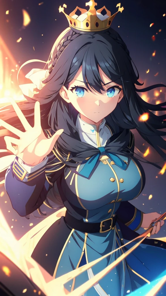 best quality, extremely detailed,anime style 1girl,long hair down to the waist, straight hair, ((((dark black hair with bluish)))),((crown braid)),beautiful detailed eyes, pinched eyes, (dark blue eyes),((huge breasts)),curvy,((((blue magical uniform)))),flare skirt,((((black coat)))),Fine decoration,clothing with complex patterns,((((magical school)))),((Detailed background)),((Comfortable posture)),((((pov))))