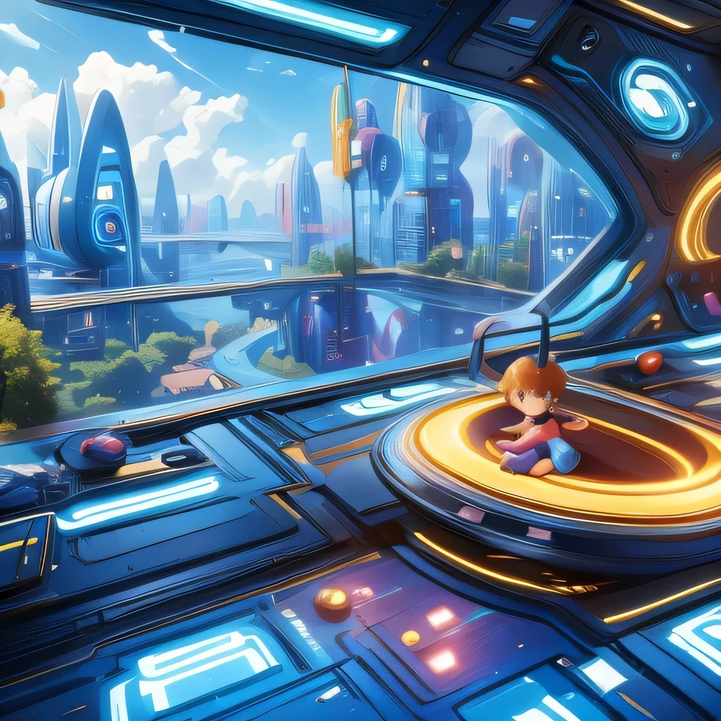 Child-friendly future city design，Ultra wide angle，Technology，Futuristic，Children's style，Disney style，two children playing，Playfulness，